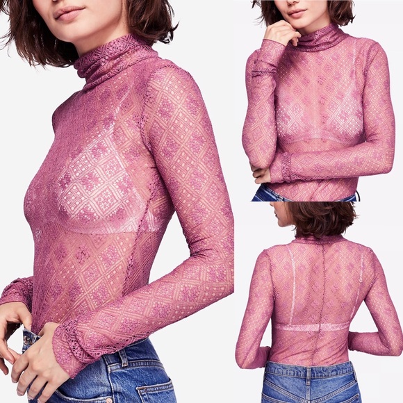 1 Left!! Free People Sheer Lace Turtleneck Top - Picture 4 of 8